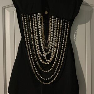 Black romper shorts with jeweled Layered Pearl and Gold Chain Detail